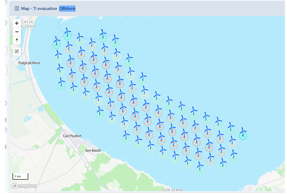 Aerial view of an offshore wind park showing turbine layout, wake patterns