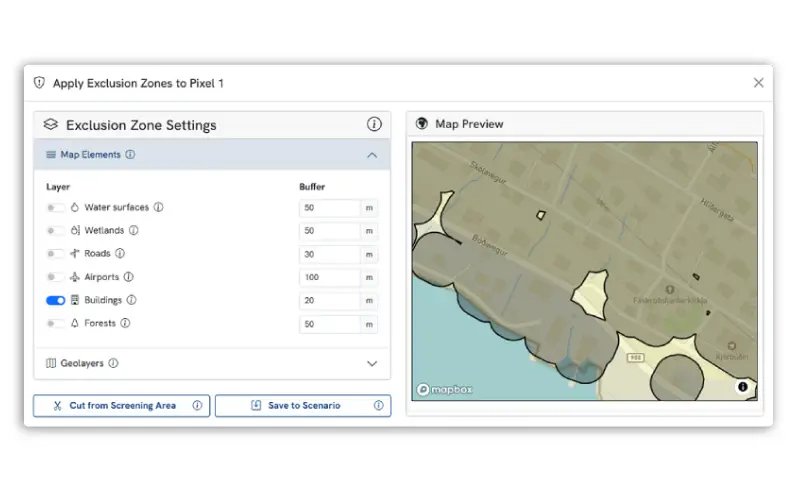 Technical map showing exclusion zone polygons for feasible wind farm layouts.