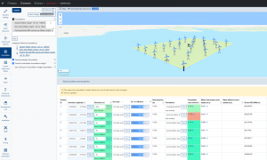 3D map view of offshore wind farm foundations with turbine positions, water depth data, and foundation cost estimates in the Youwind platform.