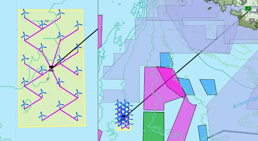 Left: substation placed and cables generated automatically. Right: export cable generated automatically to the selected offshore substation.